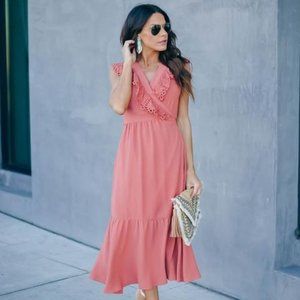 VICI Inhale The Good Crochet Ruffle Wrap Midi Dress - Terracotta